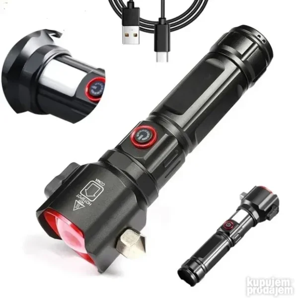 LED taktička baterijska lampa sa čekićem i power bank | Lux Shop