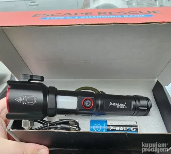 LED taktička baterijska lampa sa čekićem i power bank | Lux Shop