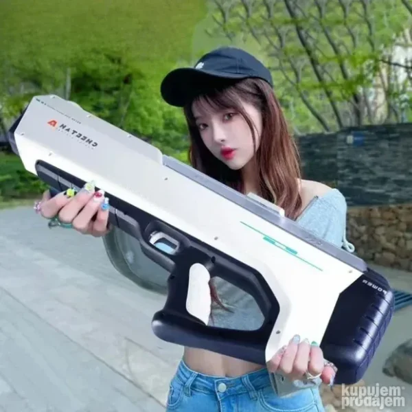 Električni vodeni pištolj sa punjivom baterijom, automatsko prskanje i upijanje vode, idealan za bazene i letnje igre.