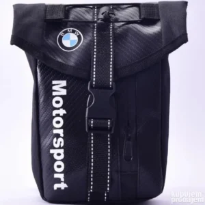 BMW moto torbica za nogu crne boje, sa kaiševima za fiksiranje i kompaktnim dizajnom