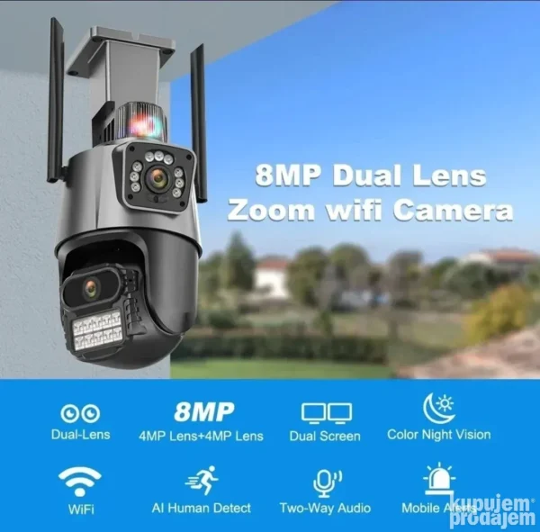 Wifi IP PTZ kamera sa 2 sočiva, sirenom i 4K rezolucijom