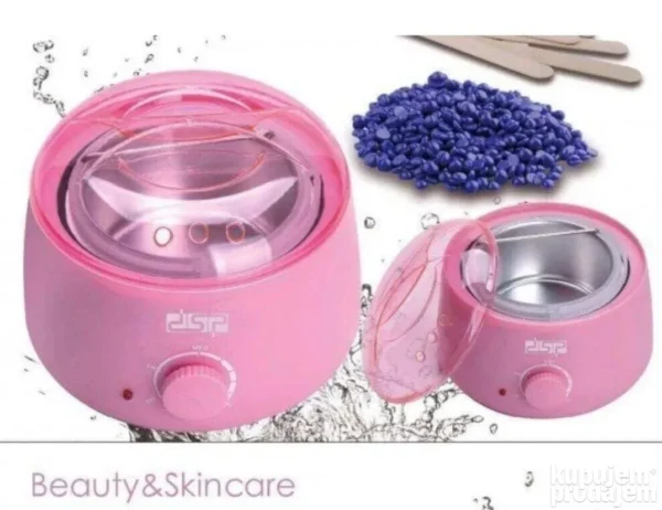 Topilica za vosak od 500ml sa providnim poklopcem, u roze i ljubičastoj boji, uz kesicu voska u granulama kao gratis dodatak.