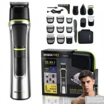 Rozia Pro metalni trimer sa setom nastavaka za bradu, kosu, telo, nos i uši, prikazan u fabričkoj kutiji kao kompletan multigroom set.