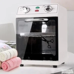 Profesionalni sterilizator SM-220, pravougaonog oblika sa nerđajućim unutrašnjim delom i poslužavnikom za alat, dizajniran za salon i medicinsku upotrebu.