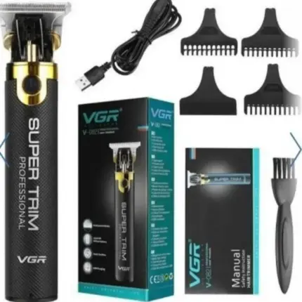 VGR V082 profesionalni trimer sa metalnim sečivom, USB kablom i dodatnim nastavcima, prikazan kao komplet u fabričkom pakovanju.