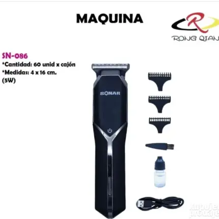 Bežična mašinica za šišanje Sonar sa USB punjenjem i nastavcima, prikazana u fabričkoj ambalaži.