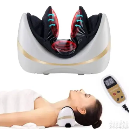 Ergonomski masažer jastuk za vrat sa vazdušnim jastucima i funkcijom grejanja, postavljen oko vrata za dubinsku masažu.