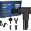 Fascial Gun KH-320 u crnoj boji sa 4 masažna nastavka i adapterom, prikazan u originalnom pakovanju.