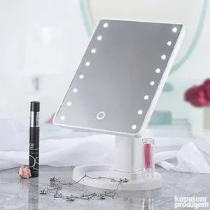 LED ogledalo sa 16 sijalica raspoređenih sa obe strane, sa crnim postoljem i centralnim touch senzorom kojim se podešava svetlo.