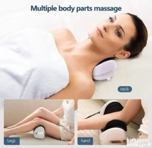 Ergonomski masažer jastuk za vrat sa grejanjem i vazdušnim jastucima, prikazan u kompaktnoj torbi ili pakovanju.