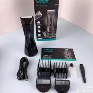 VGR mašinica za šišanje V-938 sa nastavcima i USB kablom, prikazana u fabričkom pakovanju.
