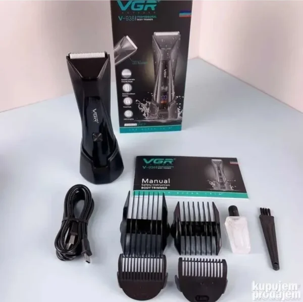 VGR mašinica za šišanje V-938 sa nastavcima i USB kablom, prikazana u fabričkom pakovanju.