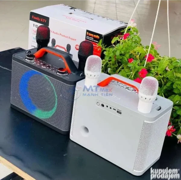 Karaoke mašina dual Y12 sa Bluetooth zvučnikom, kontrolama na prednjoj strani i ugrađenim ručajem za nošenje.