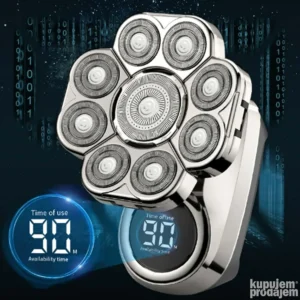 DSP 8D električni brijač sa kompletnim setom nastavaka, USB kablom i LED ekranom, uredno poređani u fabričkoj ambalaži.