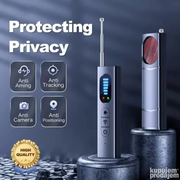 Detektor prisluškivača i skrivenih kamera sa LED indikatorima i antenom, uz prateći kabl i opremu, postavljen na stolu spreman za upotrebu.