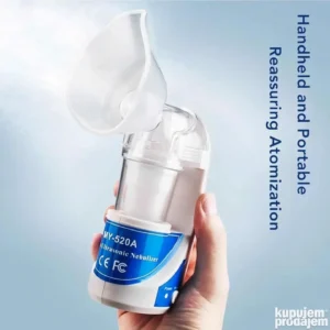 Prenosivi ultrazvučni inhalator sa maskom i posudom za tečnost, prikazan u beloj boji sa LED indikatorima.