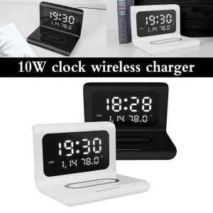 LED budilnik sa bežičnim punjenjem, elegantnim dizajnom i jasno osvetljenim digitalnim displejem.