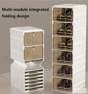 Set od 6 sklopivih kutija za obuću sa prozirnim vratima i ventilacionim otvorima, složenih u policu.