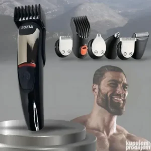 Trimer 6 u 1 Rozia sa nastavcima, USB kablom i dodacima, prikazan u originalnom pakovanju.