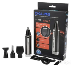 4u1 punjiva mašinica u crnoj boji sa različitim nastavcima za bradu, kosu, nos i uši.