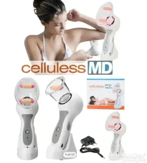 Vakuumski masažer Celluless MD sa nastavcima, prikazan u upotrebi na području nogu za smanjenje celulita.