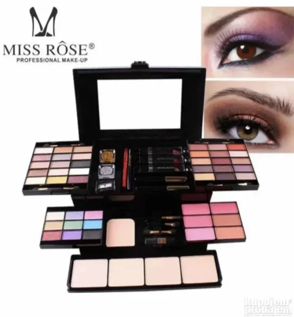 173568097-6724f830785329-46336264ba8c3f20-c9ea-4 Elegantni kofer sa šminkom Miss Rose otvoren i prikazan sa svim paletama, rumenilima i dodatnom opremom.