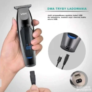 Crni VGR V 070 trimer sa displejom i pet nastavaka, prikazan uz prateću opremu, ulje, četkicu i USB kabl.