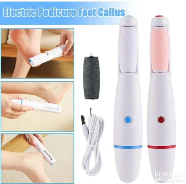 Električna turpija za stopala sa zamenljivim valjkastim glavama i USB kablom, prikazana uz dodatnu opremu.