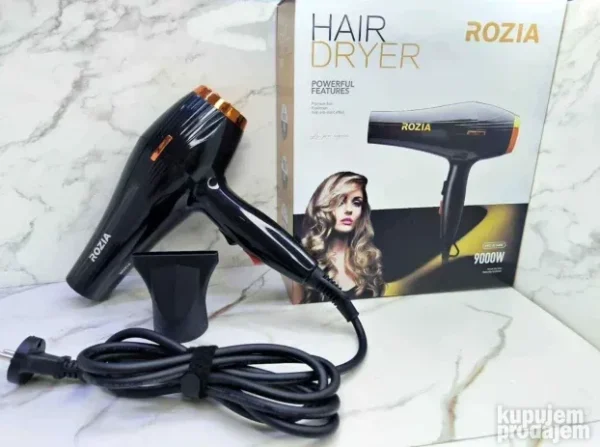 Fen za kosu Rozia 9000W crne boje sa koncentratorom, dugim kablom i profesionalnim AC motorom.