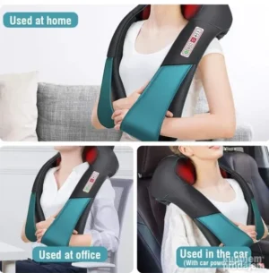 Šijacu masažer za vrat, ramena i leđa sa rotirajućim masažnim glavama, funkcijom grejanja i eko kožom, prikazan sa kablom i auto punjačem.