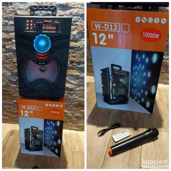 Veliki Bluetooth karaoke zvučnik od 12 inča sa LED disko svetlima, bežičnim mikrofonom i daljinskim upravljačem, postavljen u prostoriji za žurke.