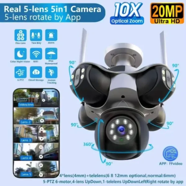 PTZ WiFi kamera sa 5 kamera, 5 ekrana 10xZoom 20MPX