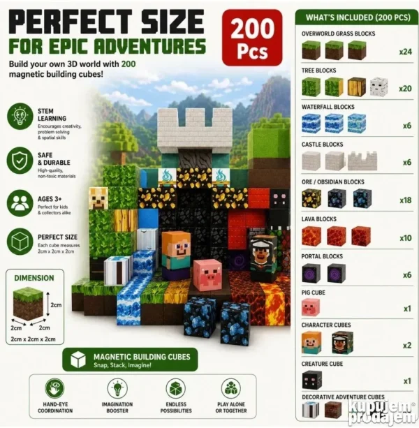 Magnetne Minecraft kocke za igru Mega set od 200 delova