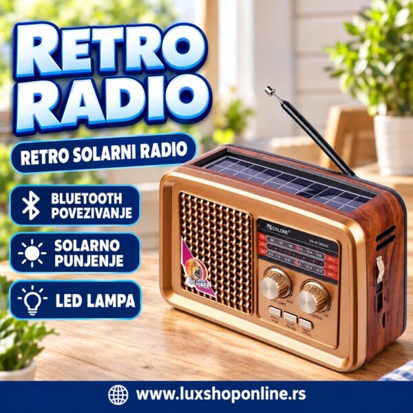 Retro solarni radio sa bluetoothom, USB i LED lampom